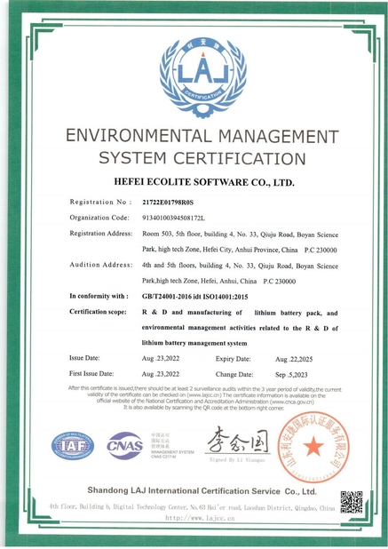 Chine HEFEI ECOLITE ENERGY CO., LTD. certifications